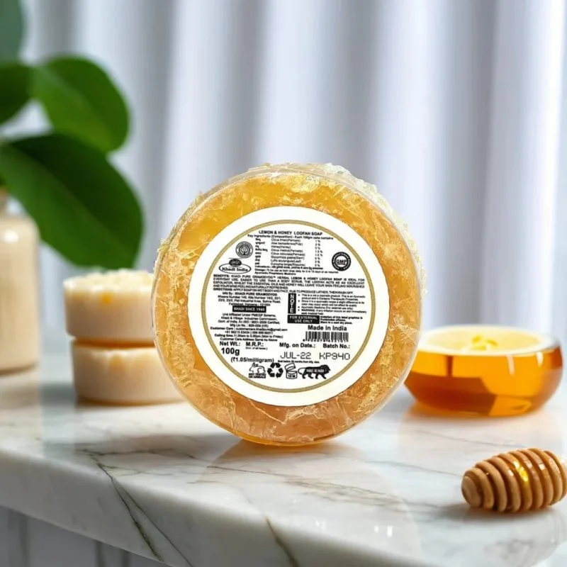 Khadi Pure Herbal Lemon & Honey Loofah Soap | Exfoliating & Nourishing with Natural Loofah & Citrus Oils ? 100g (For Fresh & Glowing Skin) - Image 5
