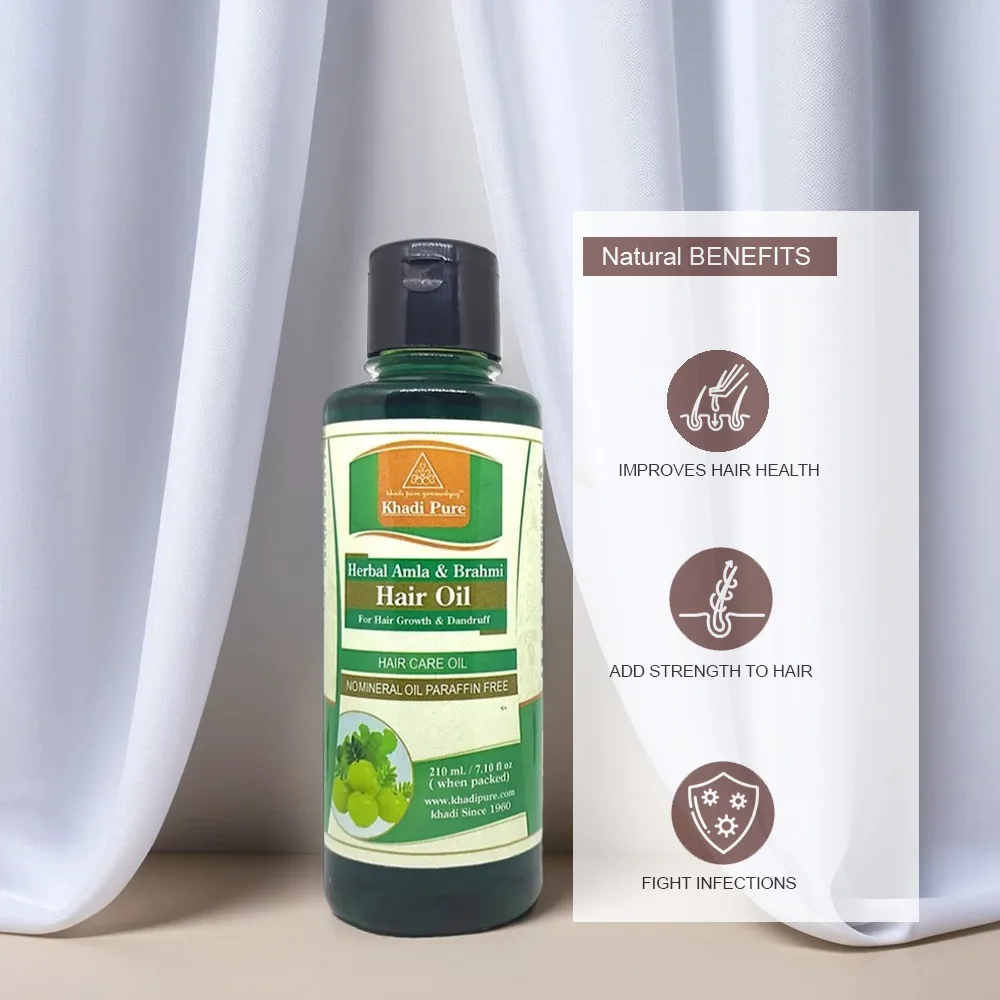 Khadi Pure Herbal Amla & Brahmi Hair Oil | 210ml | Mineral Oil & Paraffin Free | Prevents Premature Greying | Strengthens Hair & Adds Shine - Image 2