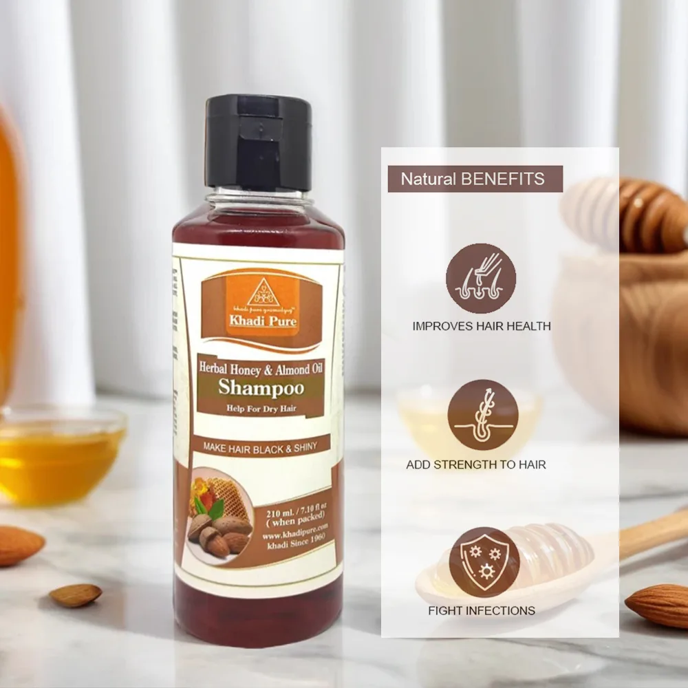 Khadi Pure Herbal Honey & Almond Oil Shampoo | 210ml | Nourishing Hair Cleanser for All Hair Types | Stops Greying & Dandruff - Image 4