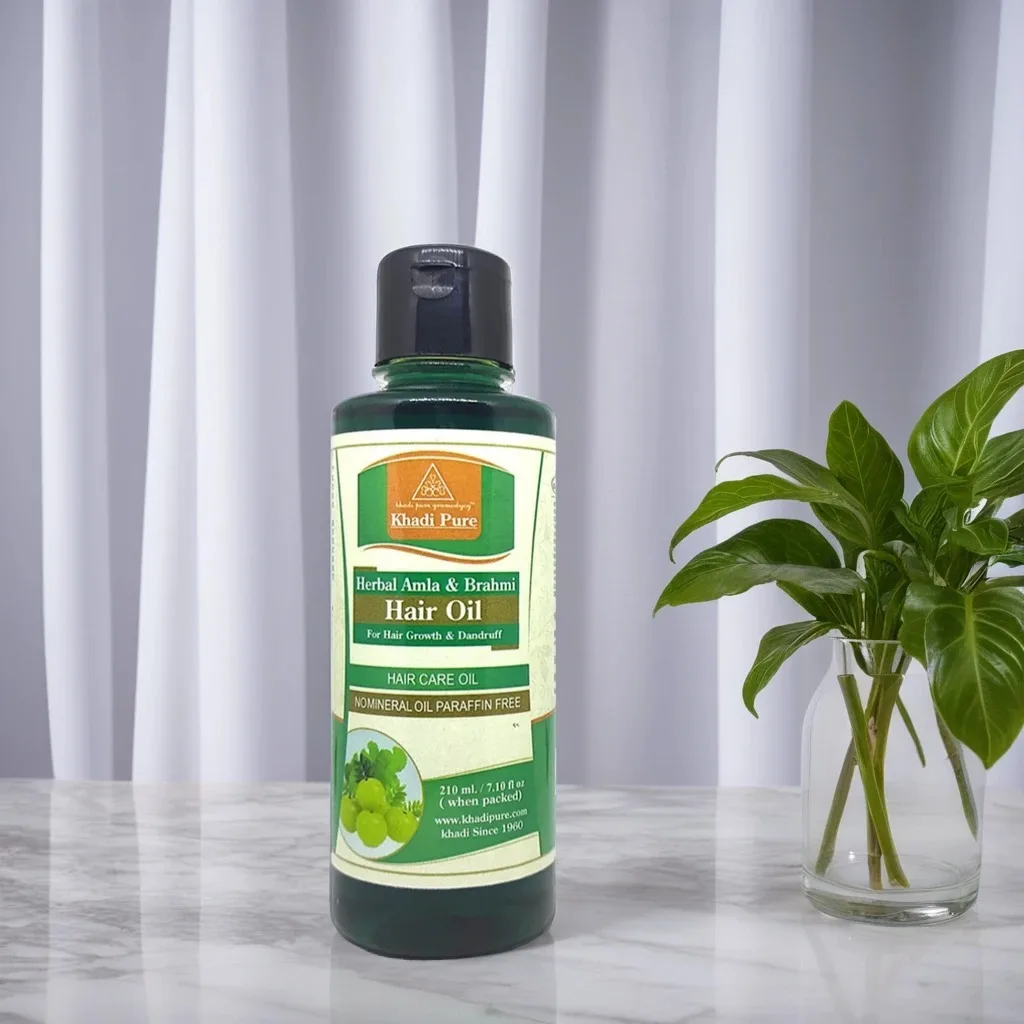 Khadi Pure Herbal Amla & Brahmi Hair Oil | 210ml | Mineral Oil & Paraffin Free | Prevents Premature Greying | Strengthens Hair & Adds Shine - Image 3